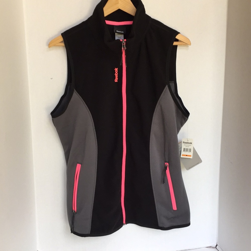 New Reebok fleece vest medium black gray pink